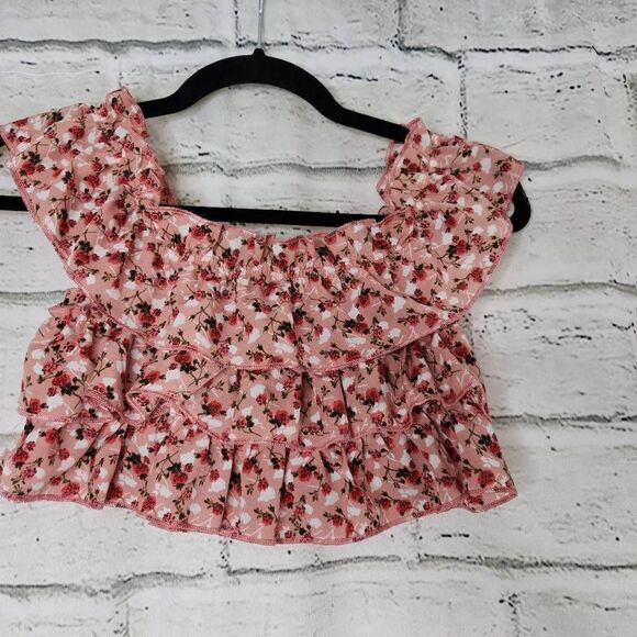 Cider Floral Cropped Elastic Off the Shoulder Top Ruffle Pink Women's XS - Picture 6 of 8